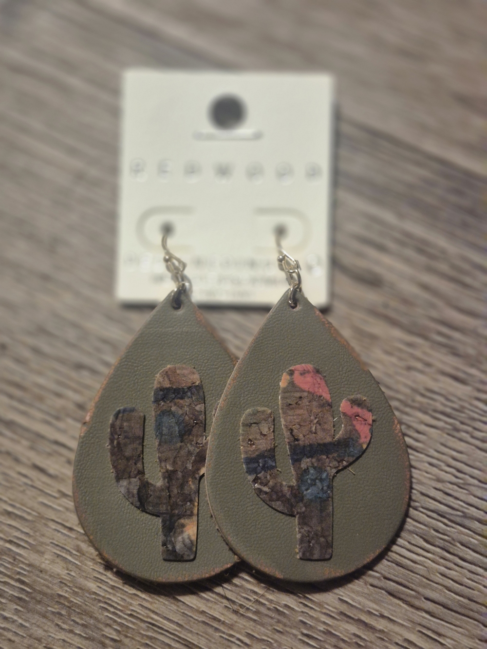 Olive Green Teardrop Cactus Leather Earrings